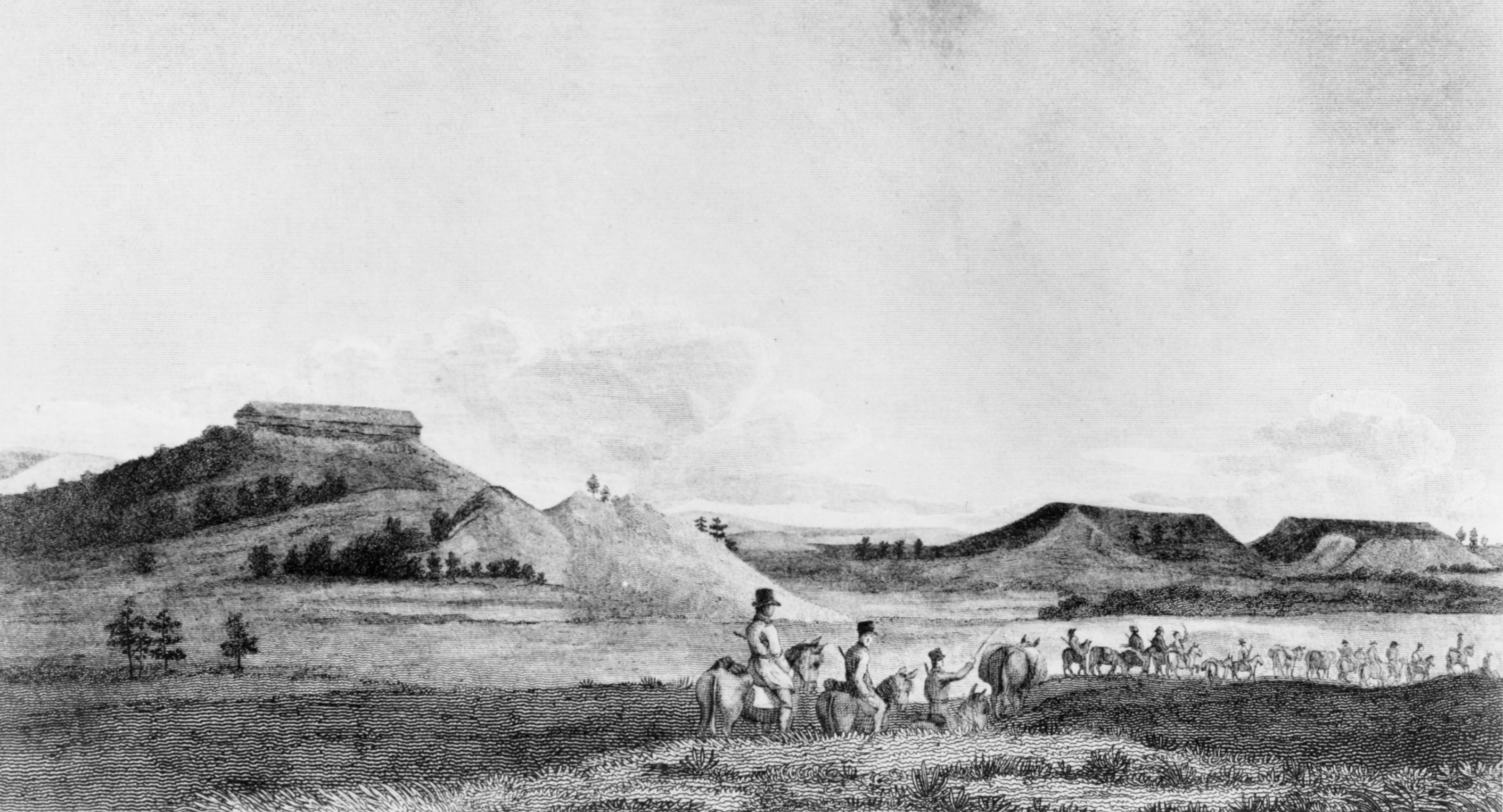 Drawing of men on horses in an open space with mesas in the background Drawing of men on horses in an open space with mesas in the background